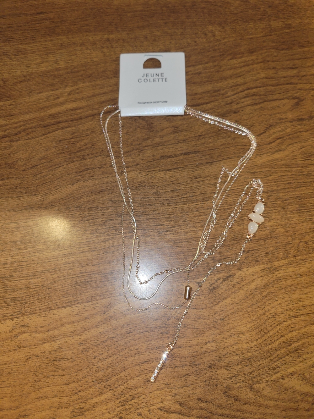 462 Delicate Rose Gold Tone Layered Y- Necklace with Moongliw Cabs NWT - Picture 2 of 2
